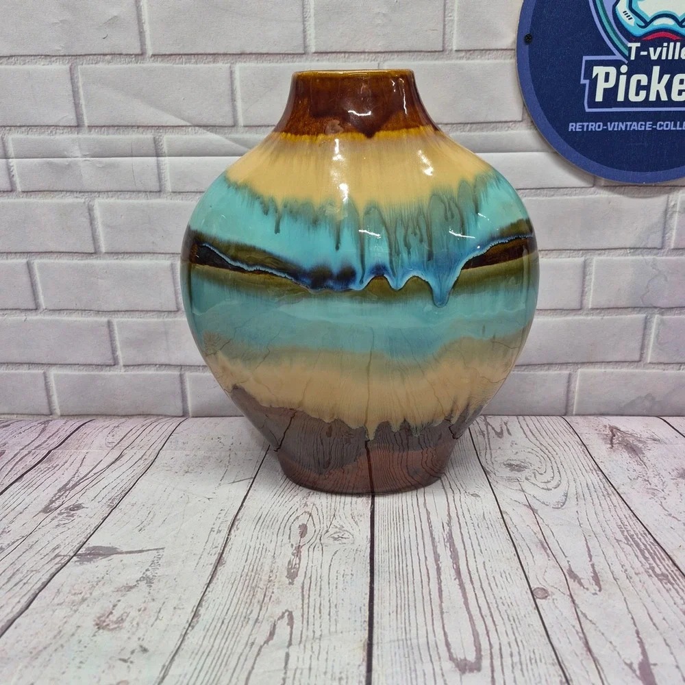 Vintage Drip Glaze Ceramic Vase Turquoise Brown Tan Bulbous Pottery Decor 10in